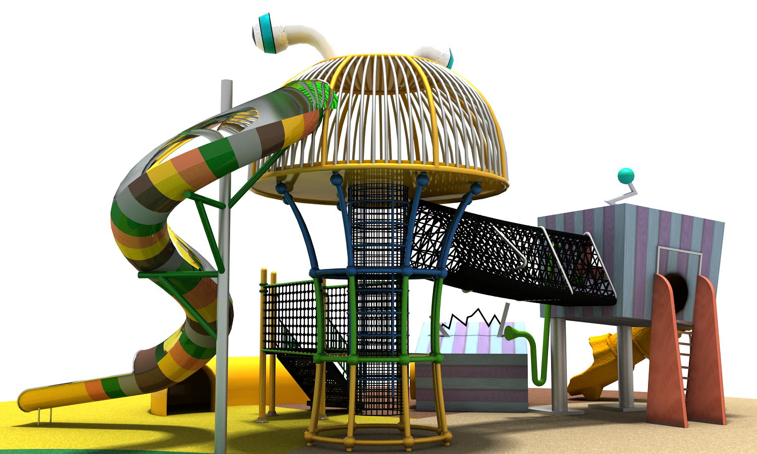 Modern Toddler Outdoor Wooden And Metal Playset with Slides, Tunnel